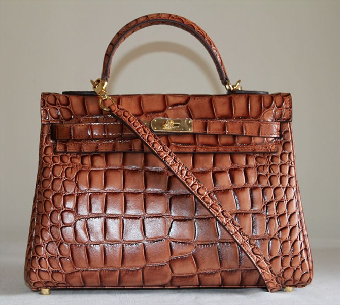 7A Replica Hermes Kelly 32cm Crocodile Veins Leather Bag Dark Coffee HC0001 (5) - Click Image to Close